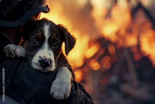 a puppy in the arms of a rescuer or firefighter against the background of a burning cottage. animal rescue. photo