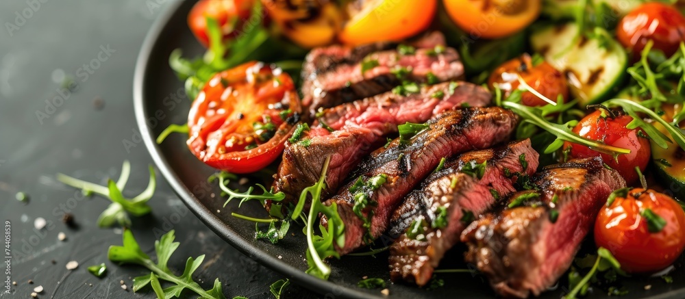 A mouthwatering plate of grilled steak and vegetables showcased on a table, featuring juicy tomato slices and a flavorful grilled beef tomato salad, perfect for summertime grilling.