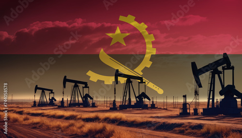 Oil production in the Angola. Oil platform on the background of the Angola flag. Angola flag and oil rig. Angola fuel market.