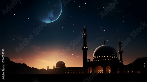 Mosque at night with moon and stars. Ramadan Kareem background © shameem
