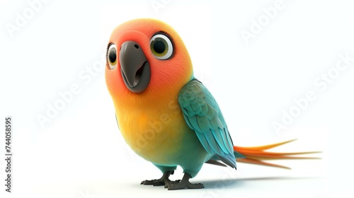 A cute and colorful parrot with big eyes and a friendly expression. It has bright orange, yellow, and blue feathers and a long tail.