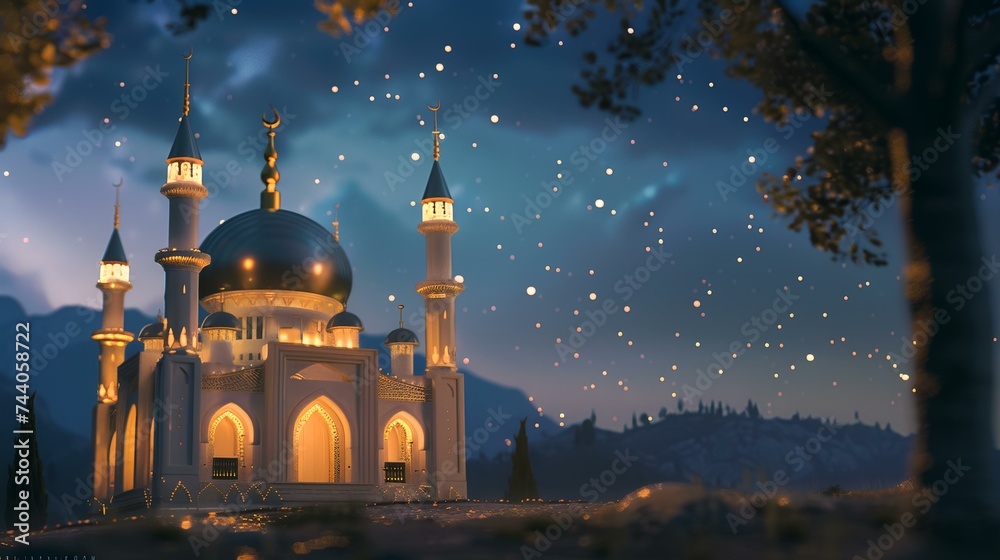 Mosque in the city at night. Ramadan Kareem background.