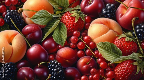 Close-up of berries, peaches, and cherries among other summer fruit. © Suleyman