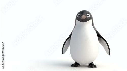 3D illustration of an Adelie penguin with a happy expression on its face. It is standing on a white background and looking at the camera.