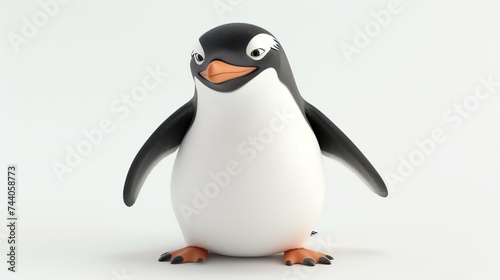 3D illustration of a cute penguin with a white belly and black back, orange beak and feet.