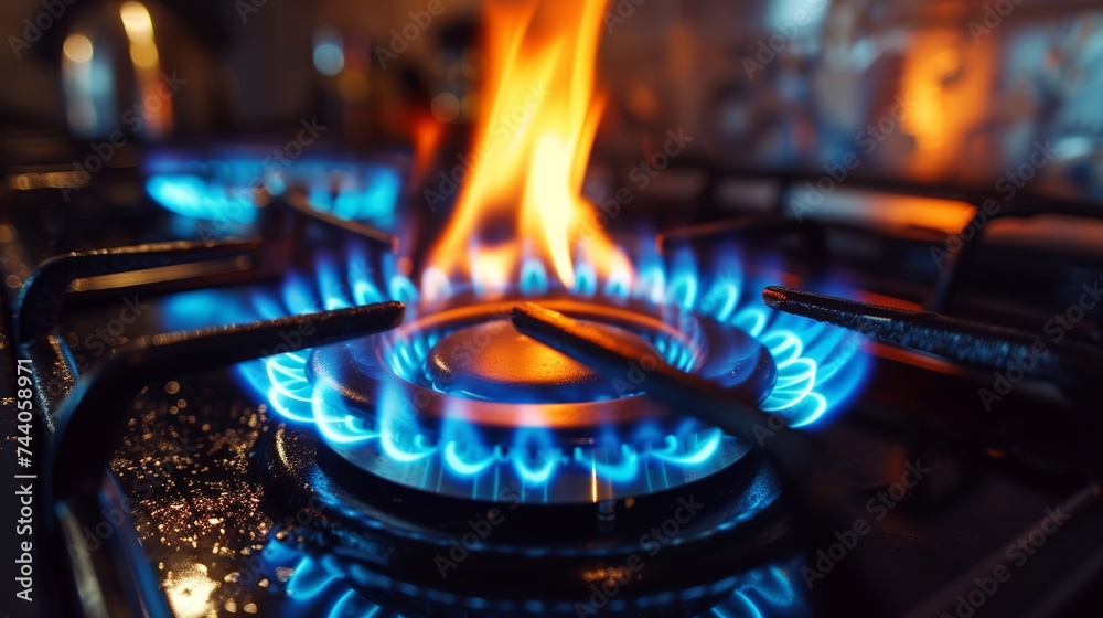 An industrial resource and economics notion is shown in this close-up of a blue fire blazing on the stovetop of a residential kitchen gas burner. - obrazy, fototapety, plakaty 