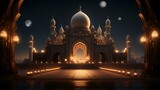 3D Illustration of Ramadan Kareem's background with mosque and stars