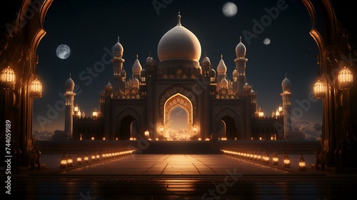 3D Illustration of Ramadan Kareem's background with mosque and stars
