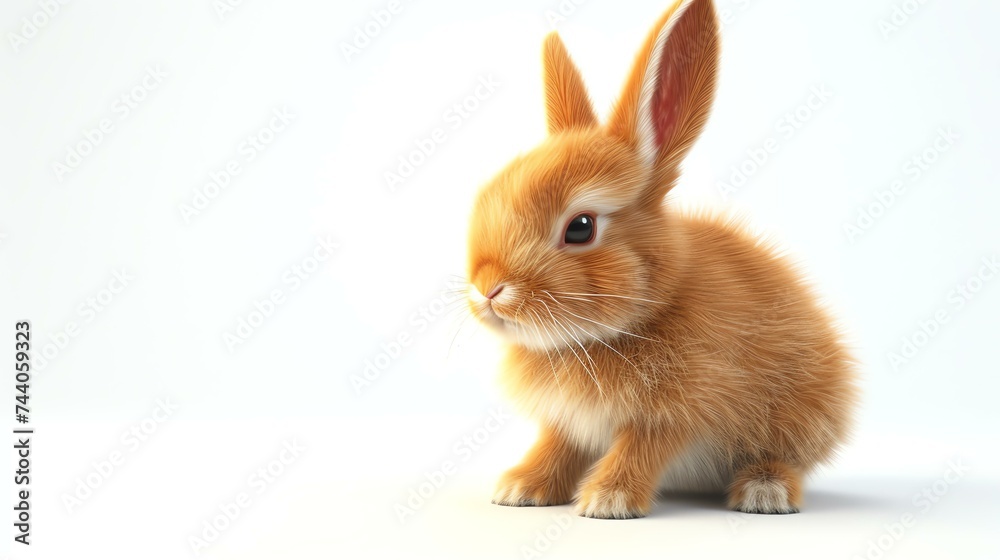 Cute baby bunny sitting on a white background. The bunny is brown and has long ears. It is looking at the camera with its big brown eyes.
