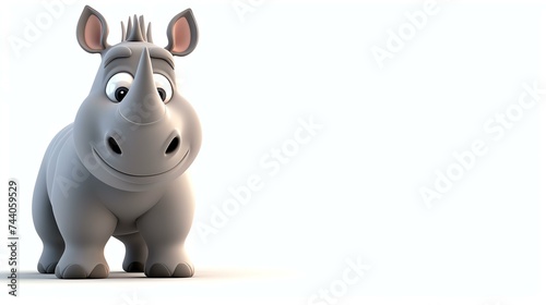 This is a 3D rendering of a cute cartoon rhinoceros. The rhino is gray and has a big smile on its face.