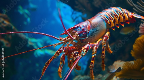 vibrant tropical rock lobster submerged in water