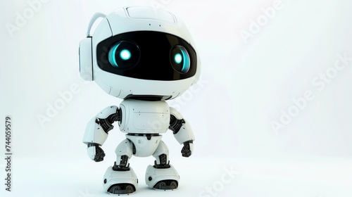 Small cute robot standing and looking at you with glowing blue eyes. The robot is white and has a friendly appearance.