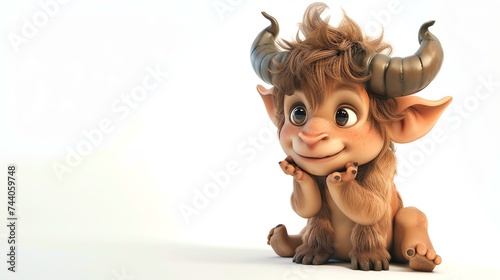 3D rendering of a cute cartoon yak. The yak is sitting on a white background and has brown fur, black horns, and big brown eyes.