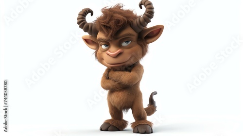 3D rendering of a cute and friendly cartoon yak. The yak has brown fur, black horns, and a pink nose.