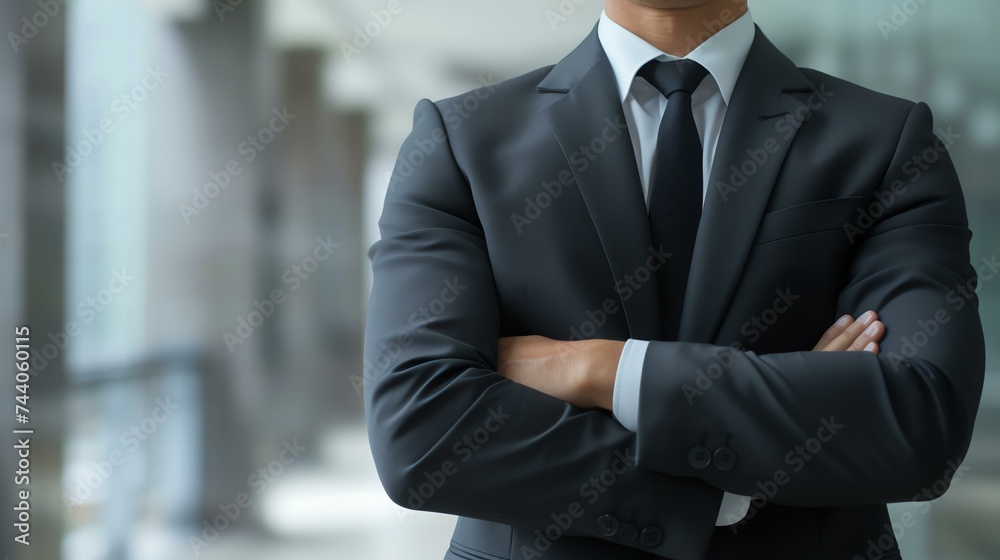 Confident businessman standing with arms crossed in modern office.