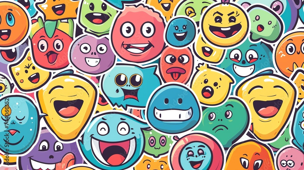 A seamless pattern of colorful and quirky hand-drawn cartoon faces.