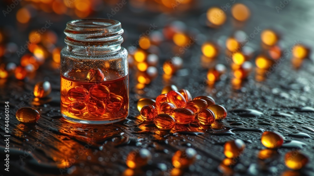  a glass jar filled with liquid sitting on top of a table next to lots of drops of water on top of a black table cloth covered with a black surface.