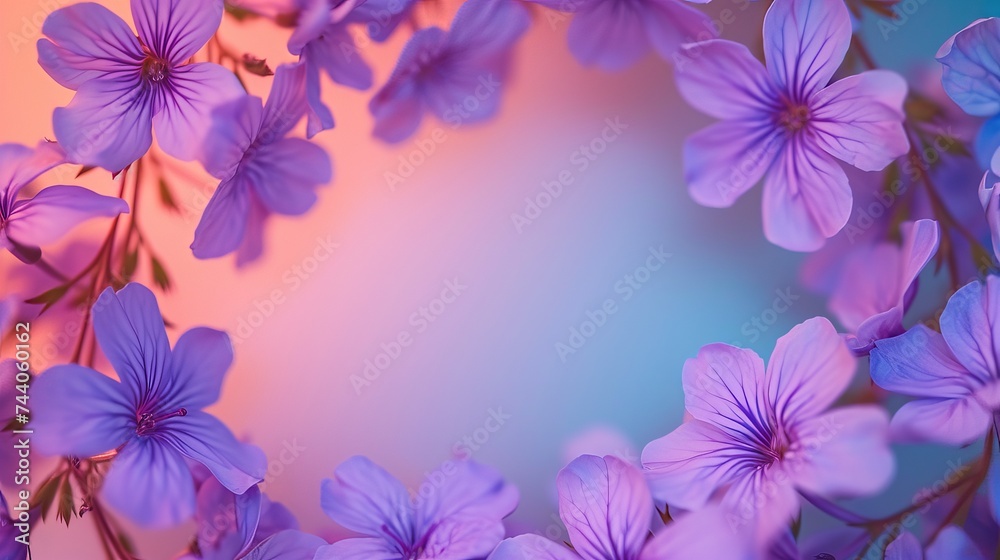 Defocused purple flowers set in a circle against a rainbow of colors Defocused purple flowers set in a circle against a rainbow of colors