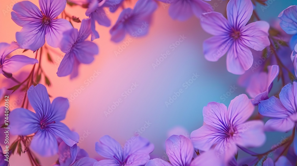 Defocused purple flowers set in a circle against a rainbow of colors