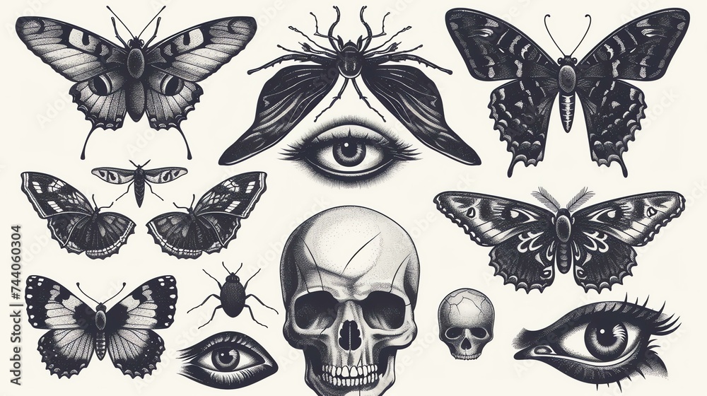 A collection of hand-drawn illustrations of butterflies, moths, and skulls.