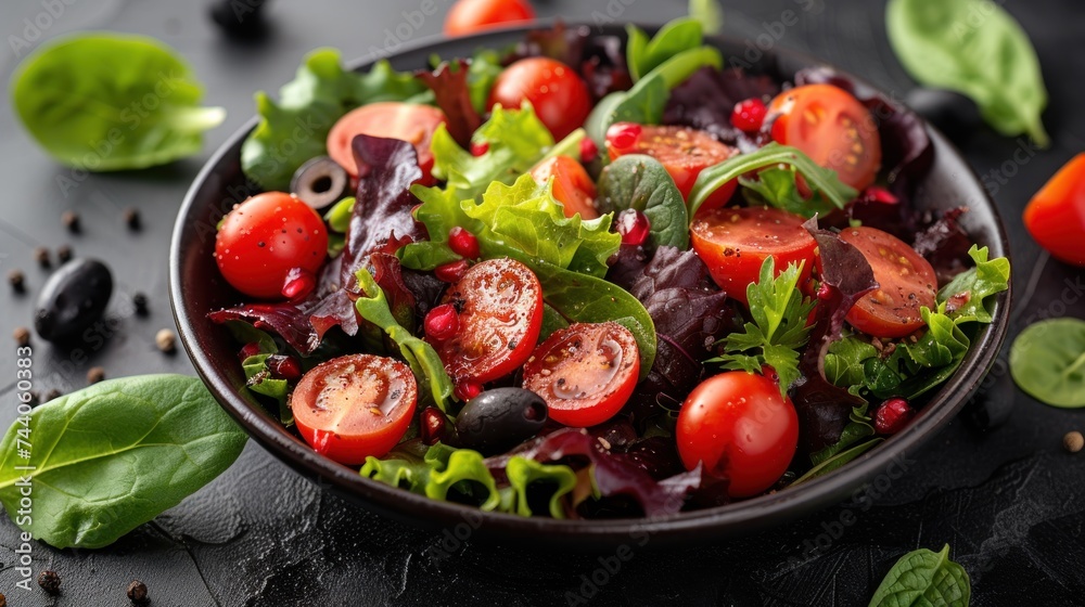  a bowl of salad with tomatoes, lettuce, and olives on a black surface with basil leaves and pepper flakes on the side of the bowl.