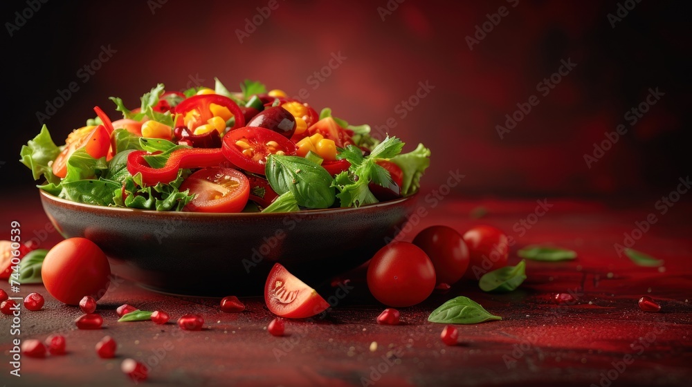  a close up of a salad in a bowl on a table with tomatoes and lettuce on the side of the bowl, with other vegetables scattered around the bowl.