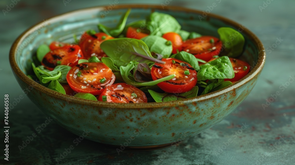 a close up of a bowl of food with lettuce and tomatoes on the top of the salad and on the bottom of the bowl is a green leafy salad.