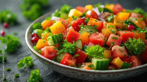  a close up of a bowl of food with tomatoes, cucumbers, celery, and other veggies on a black surface with parsley.