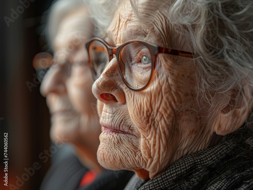 Pensive serious thoughtful very old senior ladies looking away