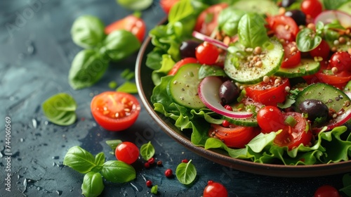  a salad with lettuce, tomatoes, cucumbers, olives, tomatoes, and lettuce leaves on a black table with a blue background.