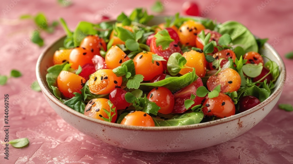  a close up of a bowl of salad with tomatoes and lettuce on a pink surface with green leaves on the top of the bowl and on the bottom of the bowl.