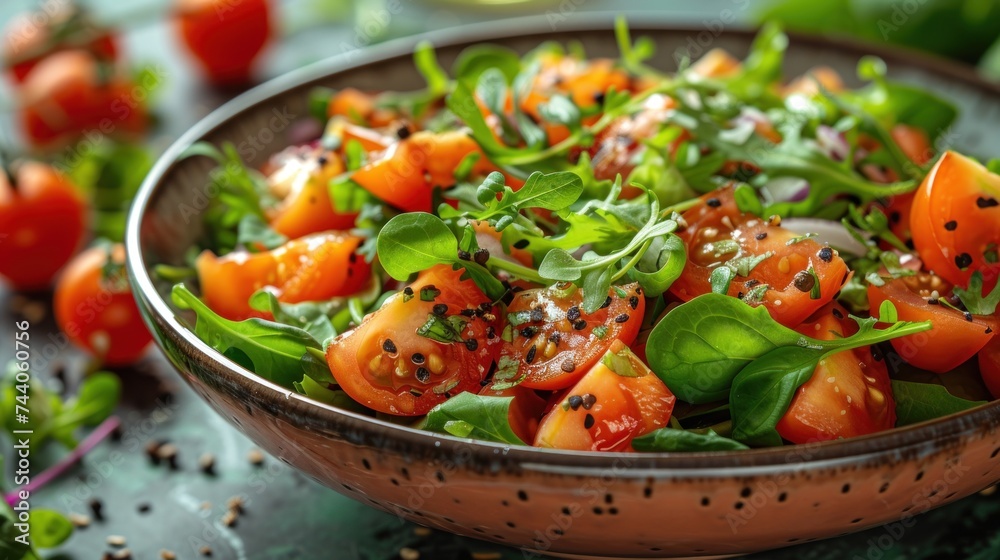a close up of a salad in a bowl on a table with tomatoes and other vegetables on the side of the bowl and on the table is a green leafy surface. a close up of a salad in a bowl on a table with tomatoes and other vegetables on the side of the bowl and on the table is a green leafy surface.