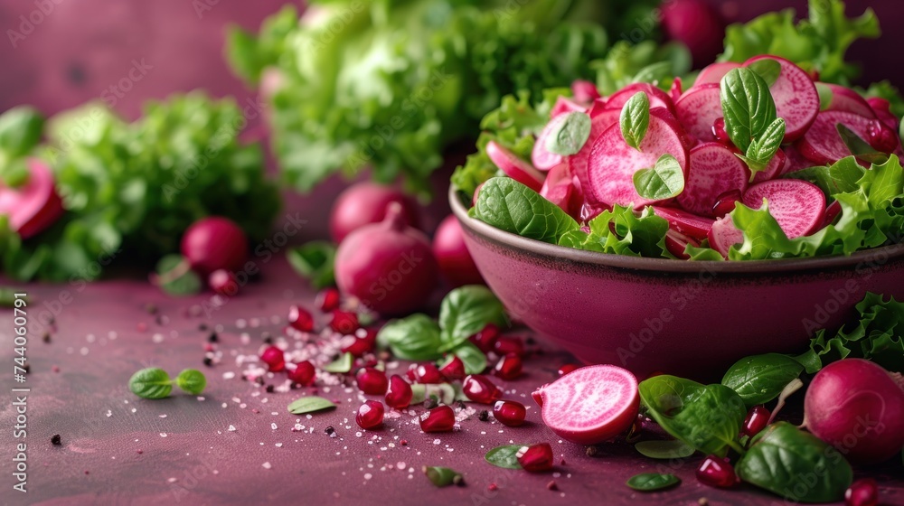  a close up of a bowl of radishes on a table with other radishes on the table and on the table next to it is a bowl of radishes.