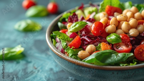  a salad with chickpeas, tomatoes, lettuce, and spinach in a blue bowl on a blue surface with a green leafy garnish.