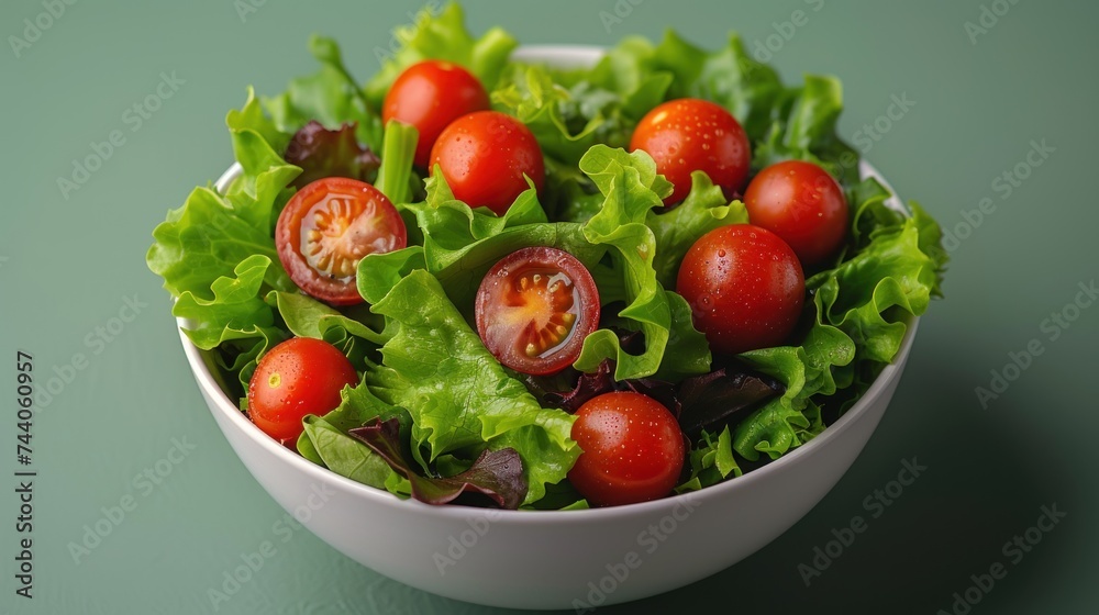  a salad with tomatoes and lettuce in a white bowl on a green surface with a green surface behind the bowl is a green surface with a green surface.