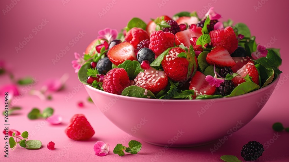 a close up of a bowl of food with strawberries and raspberries on a pink background with leaves and flowers scattered around the bowl and scattered around the bowl. a close up of a bowl of food with strawberries and raspberries on a pink background with leaves and flowers scattered around the bowl and scattered around the bowl.