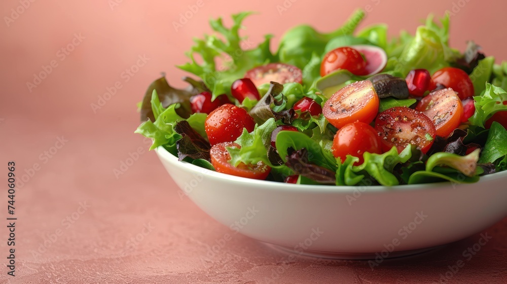  a salad with tomatoes, lettuce, and other vegetables in a white bowl on top of a pink tablecloth with a pink wall in the back ground.