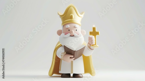 3D rendering of a cute cartoon pope holding a cross and a book. The pope is wearing a white cassock and a yellow cape.
