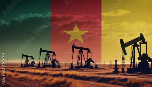Oil production in the Cameroon. Oil platform on the background of the Cameroon flag. Cameroon flag and oil rig. Cameroon fuel market.