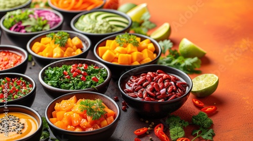  a table topped with lots of bowls filled with different types of fruits and veggies next to a slice of lime and an avocado on top of broccoli.