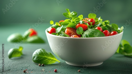  a close up of a bowl of food with tomatoes and spinach leaves on the side of the bowl and scattered seeds on the floor next to the bowl, on a green surface. © Nadia