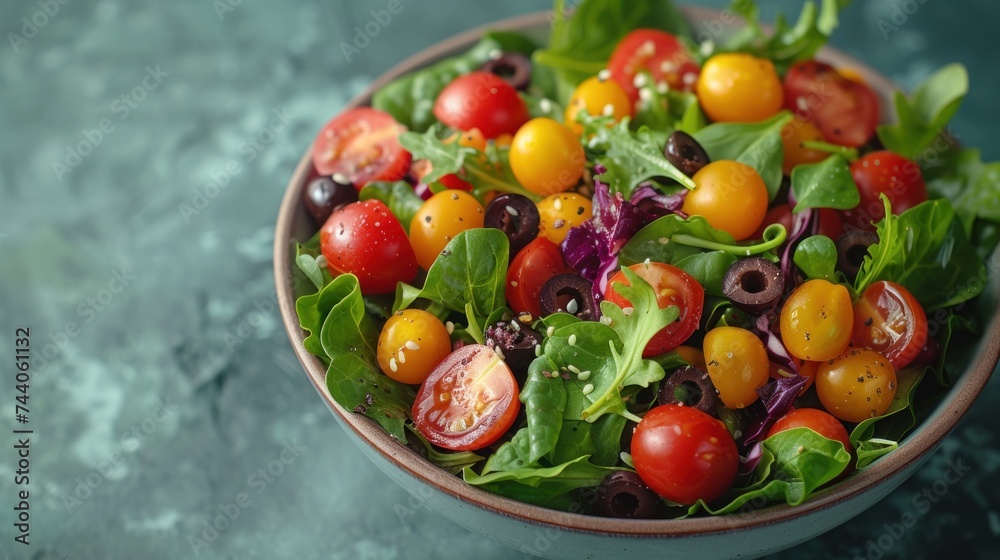  a close up of a bowl of salad with tomatoes, olives, lettuce, and tomatoes on top of a blue table with a light green background.