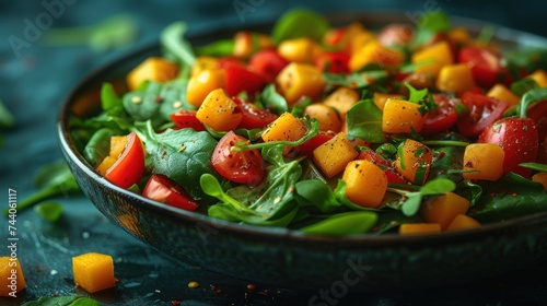  a close up of a salad in a bowl with tomatoes and spinach on the side of the bowl and on the side of the other side of the salad.