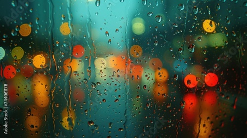  a close up of a rain covered window with a blurry image of a street light in the background and a blurry image of traffic lights in the background.