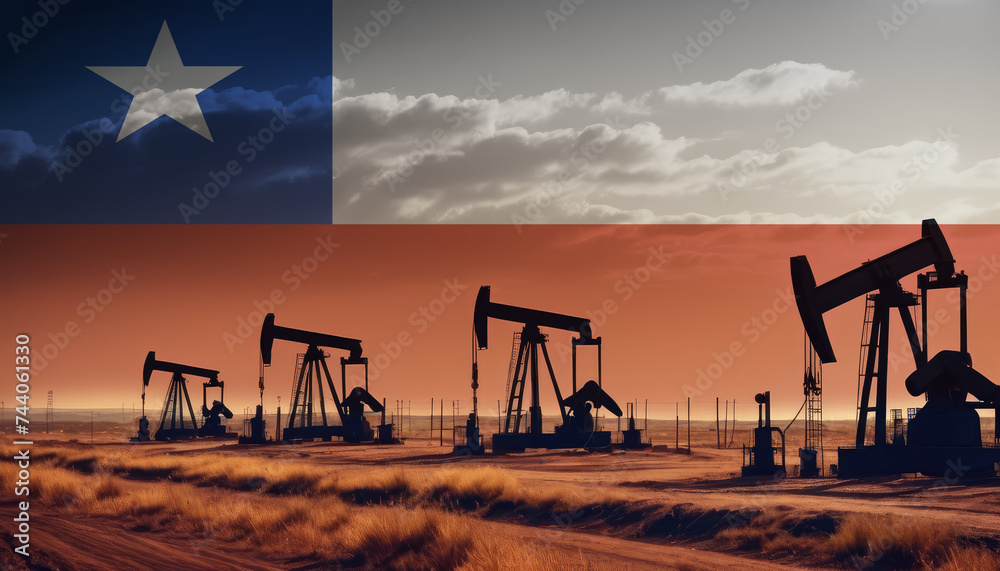 Oil production in the Chile. Oil platform on the background of the Chile flag. Chile flag and oil rig. Chile fuel market. Oil production in the Chile. Oil platform on the background of the Chile flag. Chile flag and oil rig. Chile fuel market.