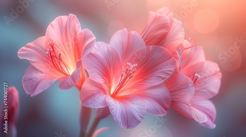  a group of pink flowers sitting on top of a blue and pink table cloth next to a blue and pink wall with a blurry background of light behind it.