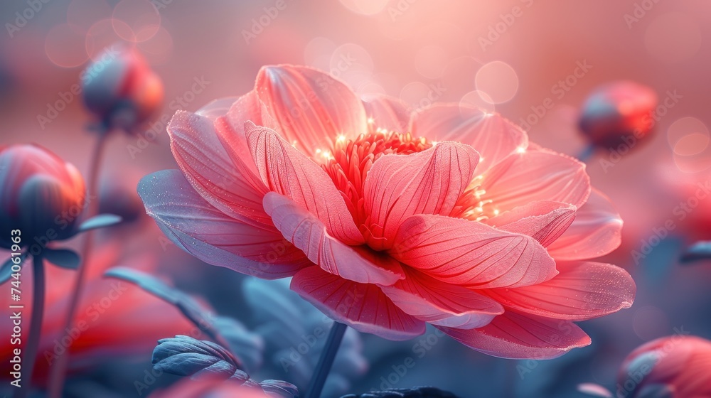  a close up of a pink flower on a blurry background with a boke of light coming from the center of the flower and the center of the flower.
