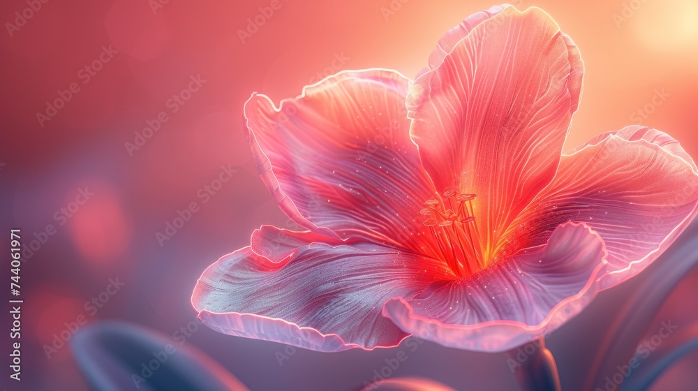  a close up of a pink flower on a pink and blue background with a blurry image of a single flower in the middle of the center of the image.