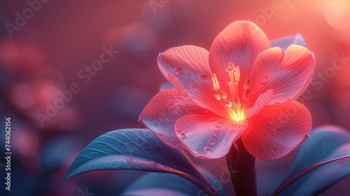  a close up of a pink flower with water droplets on it's petals and a blurry background of blue and pink leaves and a red hued light. photo