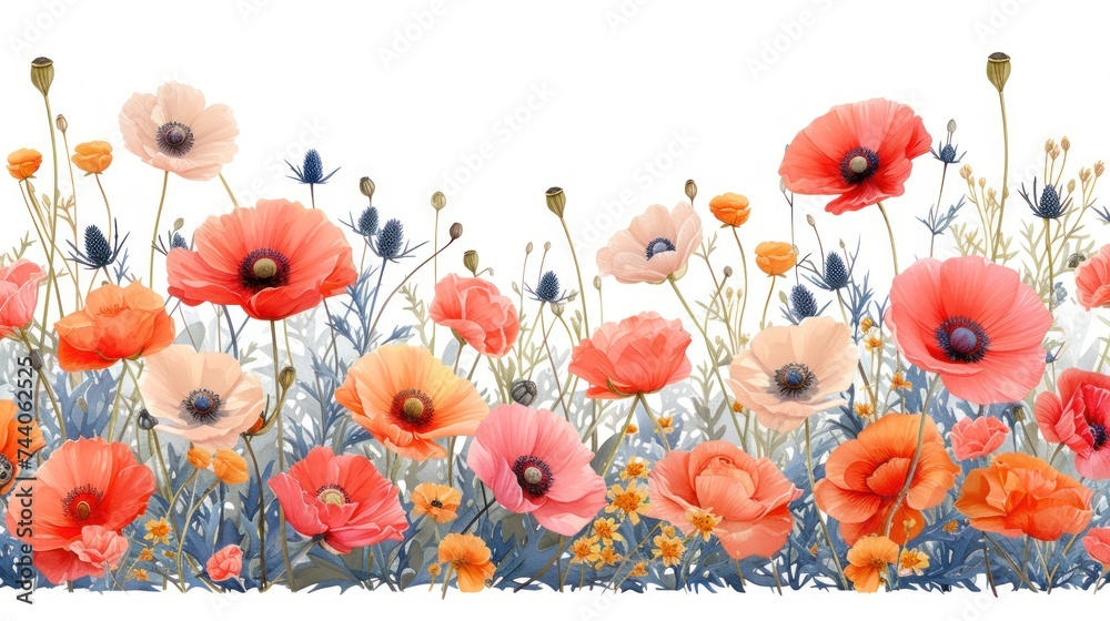  a painting of a field of flowers with blue stems and orange and white flowers in the middle of the frame, on a white background with blue stems and orange flowers in the middle. - obrazy, fototapety, plakaty 